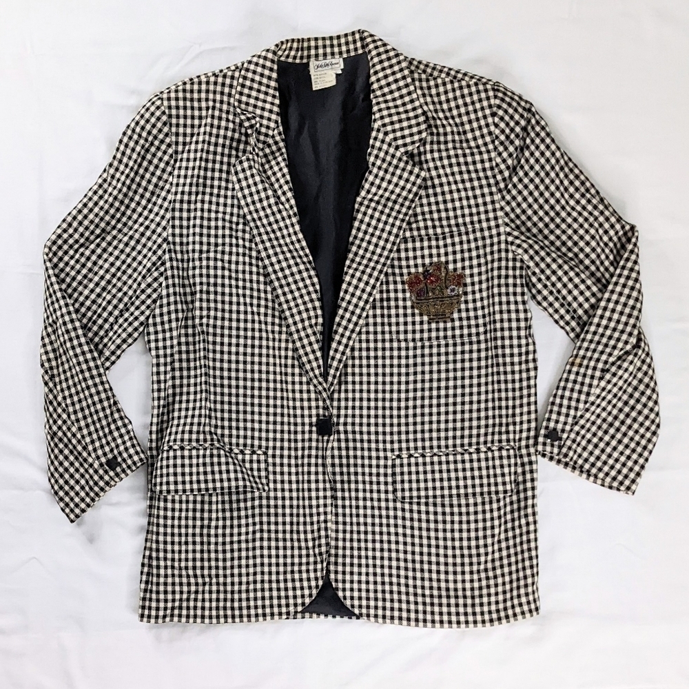 VTG Black and White Plaid Embroidered Jewel Blazer Saks Fifth Avenue